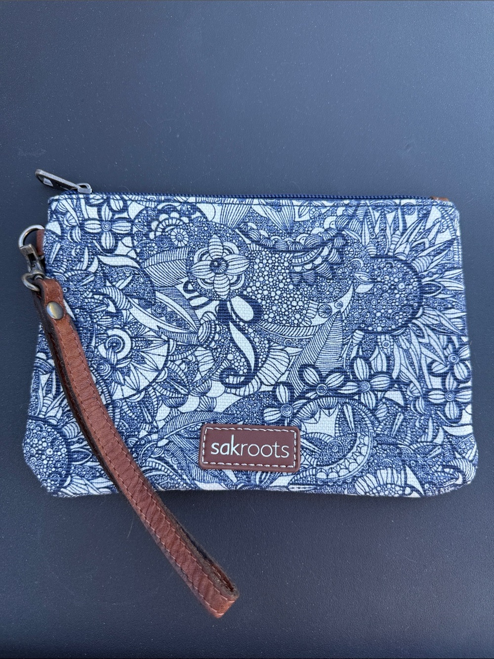 Sakroots Navy & White Floral Wristlet with Brown Strap